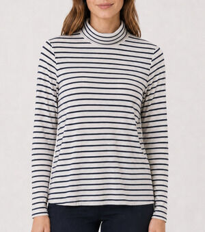 J.Crew Feather Jersey Turtleneck Women L Ivory Navy Stripe 100% Cotton Preppy